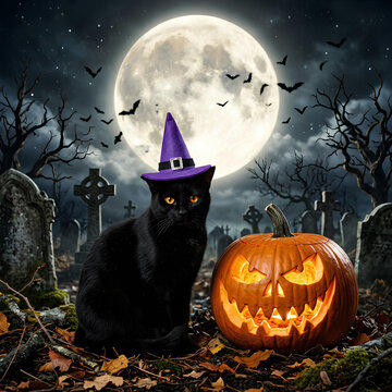 Black cat in witch hat by pumpkin graveyard.
