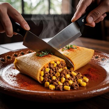 Chef slices gourmet pork tamale with sharp knife on terracotta plate. Steaming hot corn masa savory meat, corn filling. Authentic Mexican dish garnished with cilantro, red spice in upscale restaurant