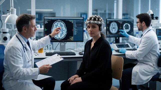 Neurologist explains brain scan results to female patient wearing EEG headset in medical lab. Scientist analyzes digital tomography on monitor. Doctors use high tech neuroscience equipment for