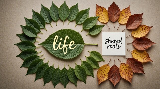 Green and autumn leaves form a circle around central text. A large leaf says life, and a small card reads shared roots signifying growth and connection.