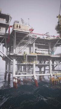 Tall oil rig stands firmly in the choppy ocean, surrounded by mist. Its complex design showcases pipes and platforms, illustrating the advancements in offshore drilling technology.
