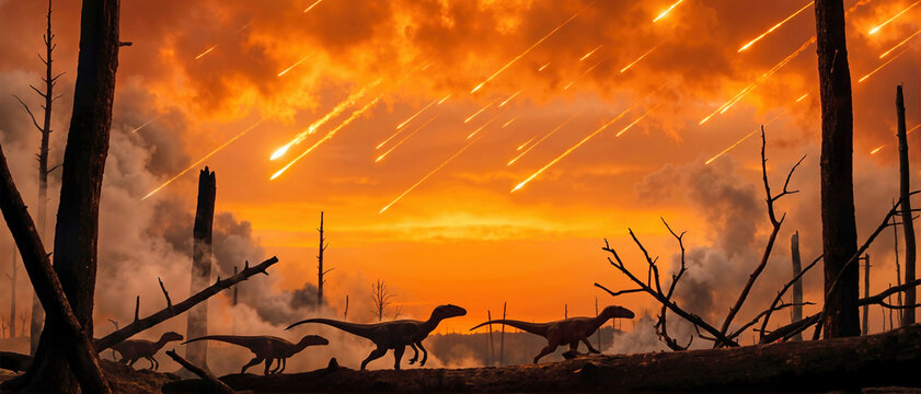 Dinosaur silhouettes running through scorched forest during extinction event. Fiery meteor rain and orange ash clouds in prehistoric sky