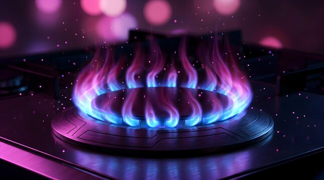 Modern gas stove burner emitting vibrant pink and blue flames with cinematic bokeh background