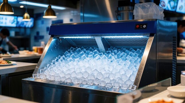 Industrial ice machine stocked with fresh ice cubes in restaurant. Machine kepic seafood cold, maintains food freshness and service. Essential for hospitality, food industry, cooling needs.