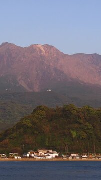 Sakurajima Volcano Island landscape, Japan, Kagoshima prefecture, Kyushu island region, island volcano and bay, Yunohira Observation Deck, ferry trip from Kagoshima, Kirishima-Kinkowan National Park 