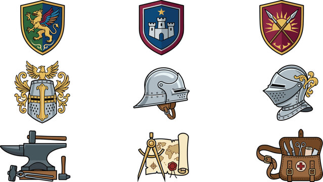 Medieval fantasy heraldic shields knights helmets blacksmith anvil and map vector icon set