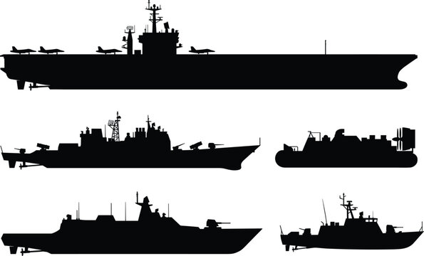 Military warship vector silhouettes set featuring aircraft carrier destroyer and patrol boat
