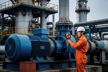 Fototapeta premium Industrial engineer in orange jumpsuit uses thermal camera to inspect large blue water pump motor. Technician performs maintenance, temperature check at power plant facility to ensure equipment