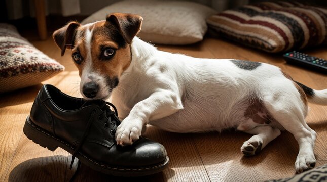 White Jack Russell Terrier with brown patches dog in mouth, paw. Indoors, surrounded by pillows, wood floor. Dog ears droop, eyes wide excited. Paws on shoes. Scattered cushions, remote nearby. Dog