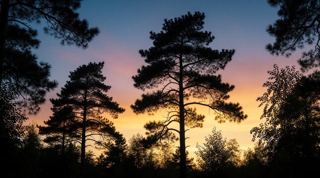 Tall pine trees form silhouettes against a colorful sunset sky. The orange and pink hues blend into a deep blue twilight. Gentle gradient colors light up the horizon over the forest canopy.