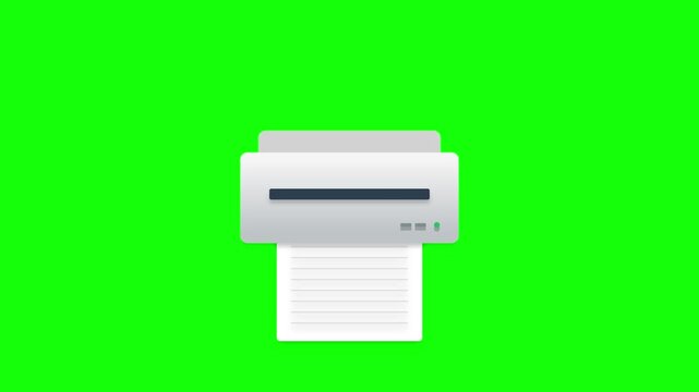 Animated Printer Printing Document on Green Screen Background.