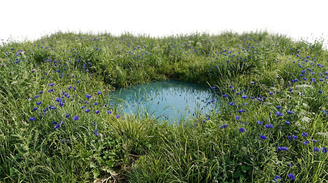 Un peque&ntilde;o estanque de agua cristalina rodeado de hierba verde exuberante y flores silvestres azules en un entorno natural sereno y aislado sobre un fondo blanco puro