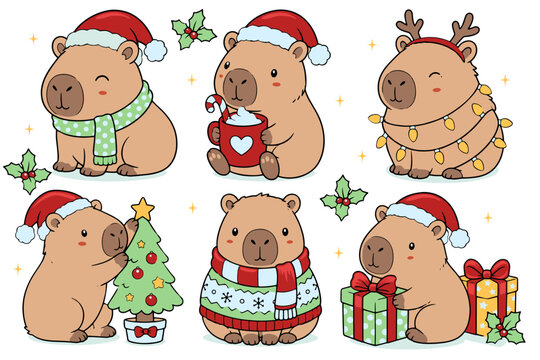 Conjunto de Capivaras fofas para festas de Natal