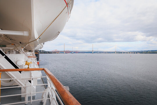Passenger Ship Leaving Port of Rosyth and Sailing Beneath the Iconic Firth of Forth Bridges, Scotland, August 2026