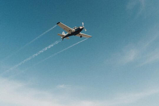 Small propeller plane soars across bright blue sky leaving white contrails. Vintage aircraft flies alone, offering empty space for text and graphics.