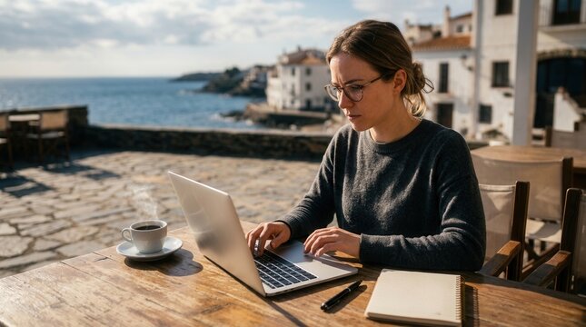 Focused Woman Working Remotely on Laptop by the Mediterranean Sea with Coffee