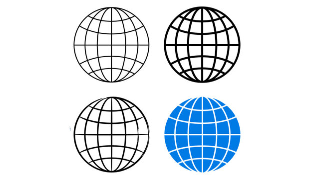 Set of four globe earth vector icons with latitude and longitude grid lines in thin outline, thick outline, and solid blue filled styles for world map and global connectivity design.