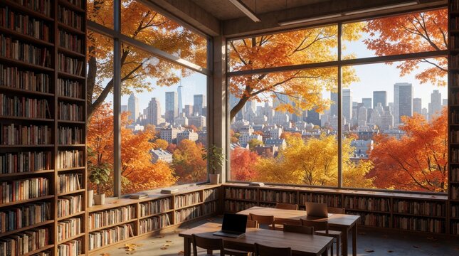 Autumn library with panoramic city skyline view through large windows. Warm sunlight casts golden glow on wooden desks, laptops, stacked bookshelves filled with books. Outside cityscape bordered by