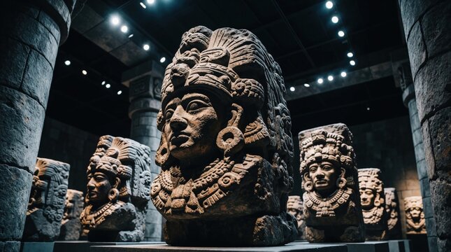 Stone heads of ancient Mayan rulers displayed in a dark museum hall. Intricate carvings show detailed faces and headdresses, historical art from Mexico.