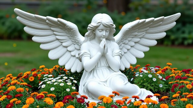 White angel statue with folded hands and large detailed wings surrounded by colorful flower bed in a garden setting