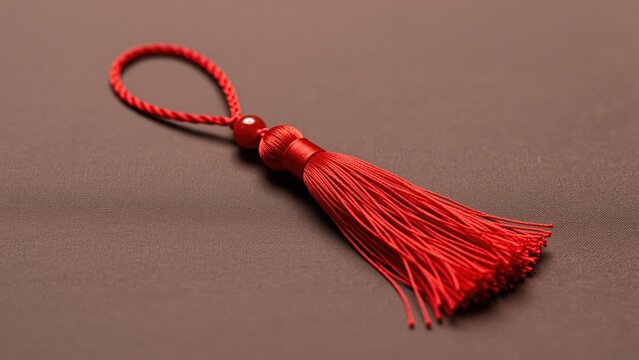 Red decorative tassel with loop, made of silky threads and beads, suitable for fashion accessories, home decor, or festive decorations