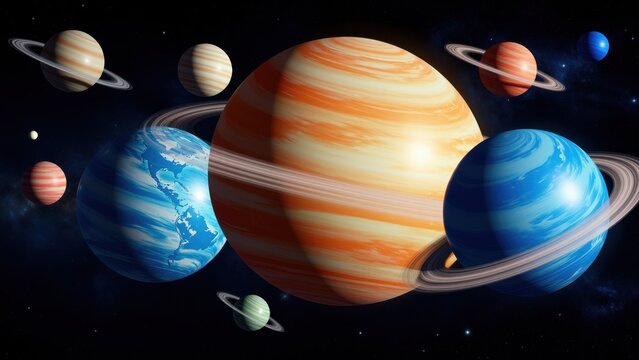 Colorful representation of planets in the solar system with detailed textures, vibrant colors, and ringed planets against a dark space background, ideal for educational and scienti