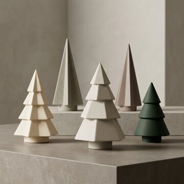 Set of minimalist geometric Christmas trees on concrete podium