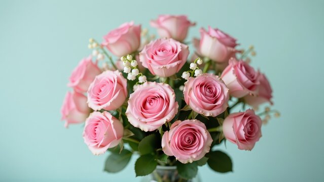 Beautiful Pink Roses Bouquet with Green Foliage in a Clear Vase, Elegant Floral Arrangement for Weddings, Celebrations, or Home Decor