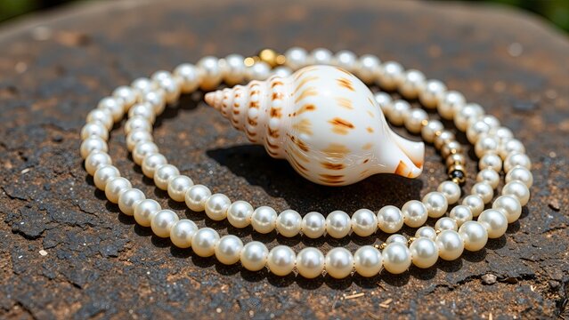 Elegant pearl necklace featuring round white pearls with a smooth surface, accompanied by a decorative seashell on textured wooden surface, suitable for jewelry and fashion accesso