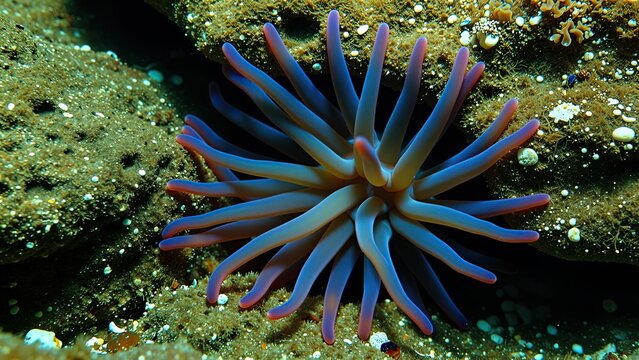 Colorful sea anemone with vibrant tentacles on coral reef showcasing marine life diversity and underwater ecosystem