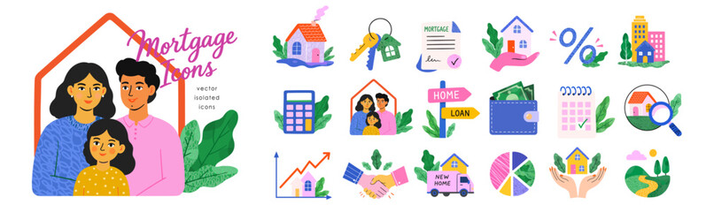 Fototapeta na wymiar Mortgage, Home Loan and Real Estate isolated icons. Vector illustrations of family, credit, house, keys, contract, calculator, money, and interest rate on a transparent background for bank, property