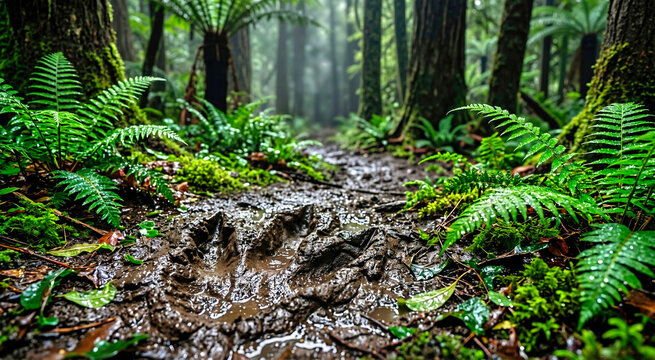 Wet prehistoric forest trail with deep dinosaur footprints in the mud. Lush green ferns and mossy trees in a primeval jungle