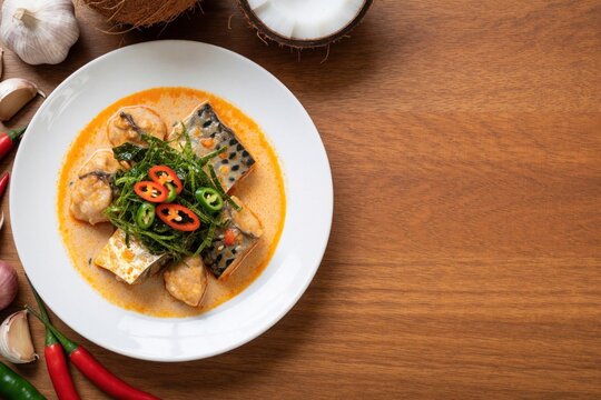 Thai Chu Chee fish curry served in white plate, topped with kaffir lime leaves and chili. Mackerel in coconut milk sauce with garlic and chili peppers.