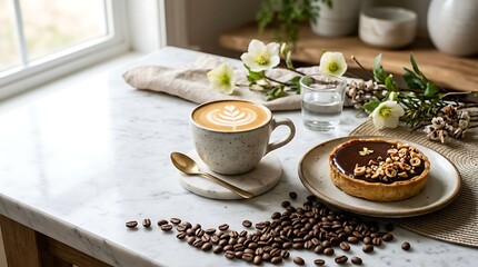 Fototapeta premium Fresh coffee latte and chocolate hazelnut tart on white marble
