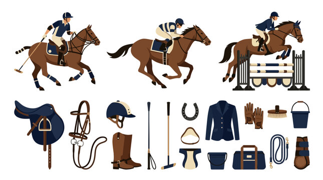 A comprehensive flat vector illustration set showcasing equestrian sports elements including galloping horses, a show jumper, and essential riding equipment like a helmet, boots, and bridle.