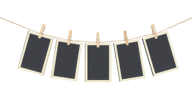 Cinco marcos de fotos vac&iacute;os de estilo vintage colgados con pinzas de madera en una cuerda sobre un fondo blanco limpio, ideal para exhibici&oacute;n de recuerdos o proyectos creativos.