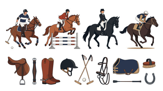 A flat vector illustration set featuring equestrian sports elements including a show jumping horse, a dressage rider, riding boots, a helmet, polo mallets, and horse equipment isolated on a white.
