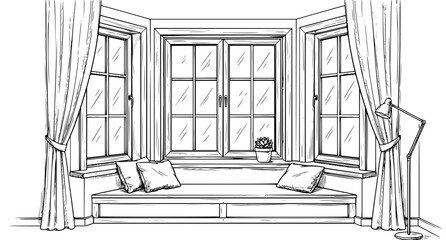 Fototapeta premium Bay window interior room architectural black and white sketch vector illustration