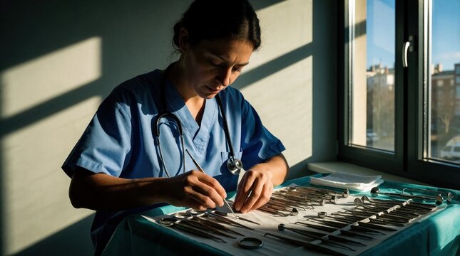 Female medical worker arranges sterile dental tools on table. Healthcare professional prepares instruments for procedure, focused on her work in clinic room.