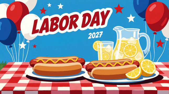 Labor Day 2027 celebration poster with hot dogs, lemonade on red checkered tablecloth. Festive picnic food, colorful balloons under blue sky with stars. American holiday banner design for summer