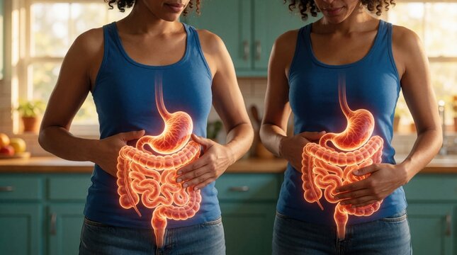 Woman feels stomach pain from digestive issues. Visual shows internal organs anatomy with glowing gut. Healthcare concept of internal discomfort and health.