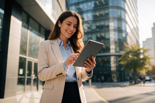 Businesswoman smiling uses tablet outside modern office building. She is dressed professionally and engaged with her device in a city setting.