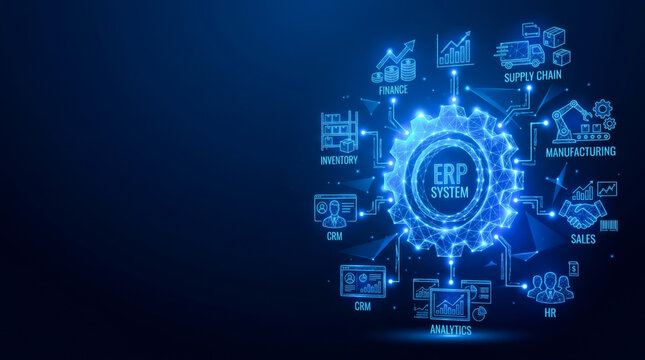 Glowing blue ERP system gear network with business department icons representing enterprise resource planning, corporate data integration, and digital workflow automation