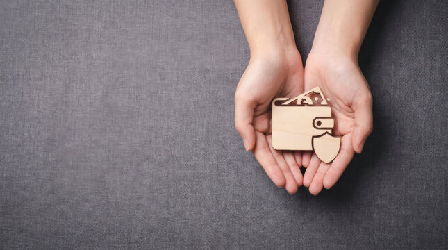Hands holding a wooden wallet with money and a shield representing safe financial security, secure bank savings, and personal wealth protection.
