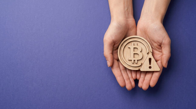 Hands holding a wooden Bitcoin symbol and warning triangle on a purple background representing cryptocurrency investment risk, financial market volatility, and digital asset caution.