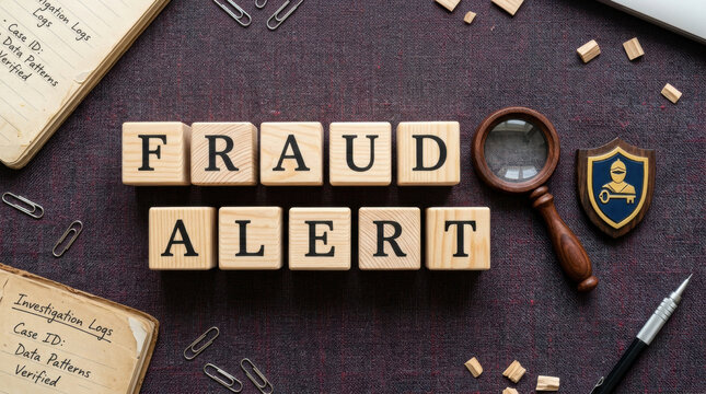 Flat lay of wooden blocks spelling FRAUD ALERT with a magnifying glass and shield representing financial scam investigation, cyber security protection, and identity theft risk management.