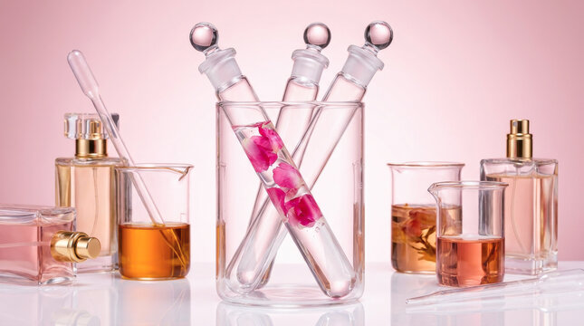 Laboratory glassware with pink rose petals and perfume bottles representing natural fragrance extraction, organic cosmetic chemistry, and floral essential oil production.