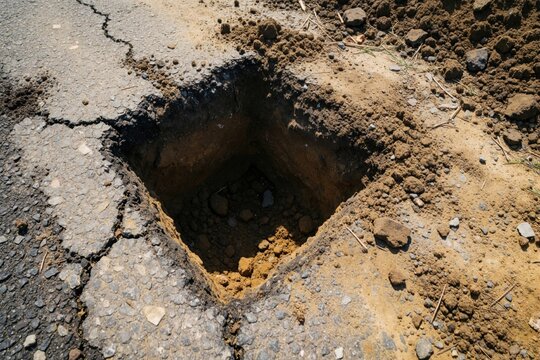 Severe depression in pavement, exposing soil. Square pothole on asphalt surface, uneven edges, debris-filled. Inconsistent ground beneath asphalt layer, maintenance necessity, groundwork required,