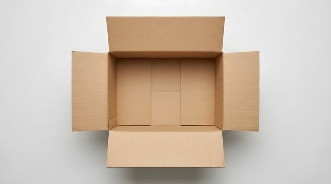 An empty cardboard box is shown from a top-down perspective against a clean white background area.