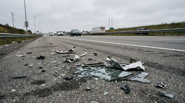 Scattered debris and broken glass from a vehicle accident lying on the shoulder of a highway.